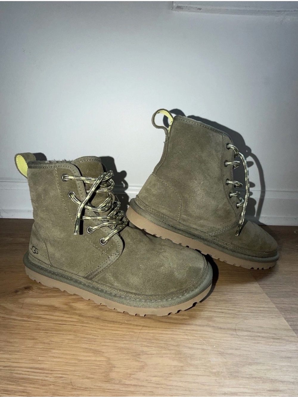 UGG Suede Lace-Up Ankle Boots in Olive with Yellow Pull Tab